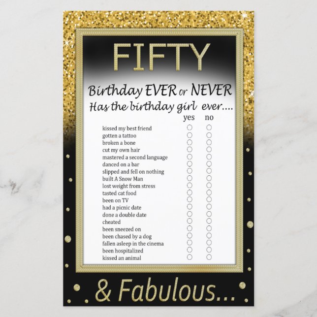 Fifty Birthday Ever or Never Game (Front)