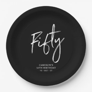 Fifty Black Modern Lettering 50th birthday Paper Plate
