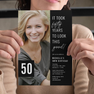 Fifty Black & White 50th Birthday Party Photo Invitation
