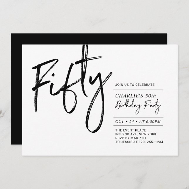 Fifty | Black & White Modern 50th Birthday Party I Invitation (Front/Back)