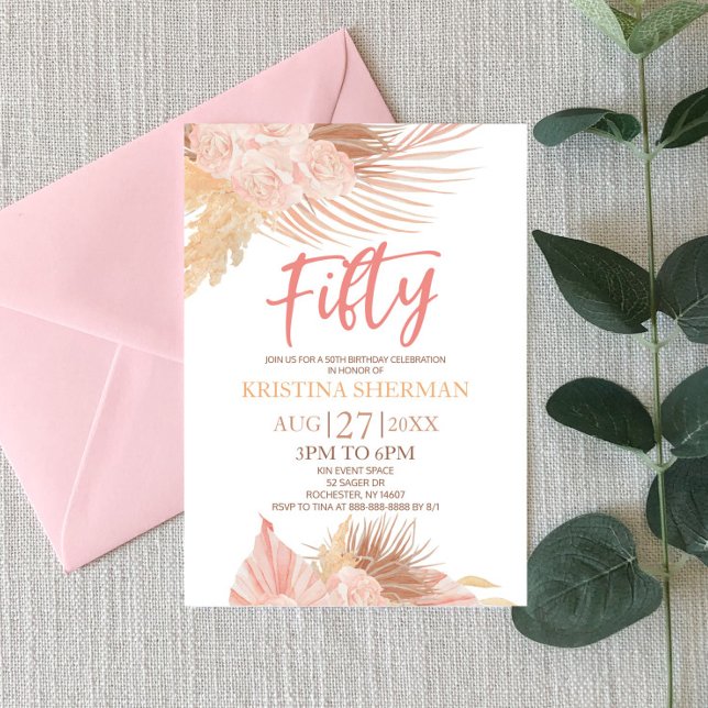 Fifty Boho Pink Floral 50th Birthday Party Invitation (Creator Uploaded)