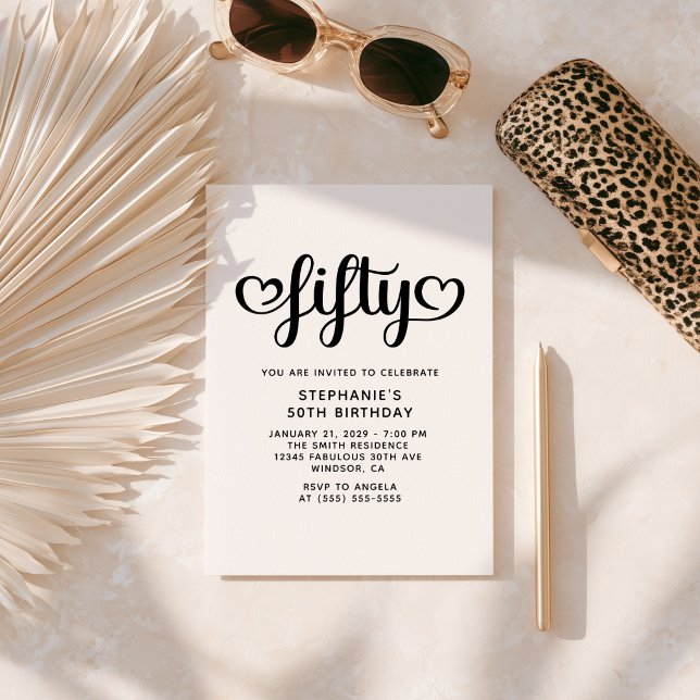 Fifty Cute Hearts Script 50th Birthday Invitation (Fifty Cute Hearts Script 50th Birthday Invitation)