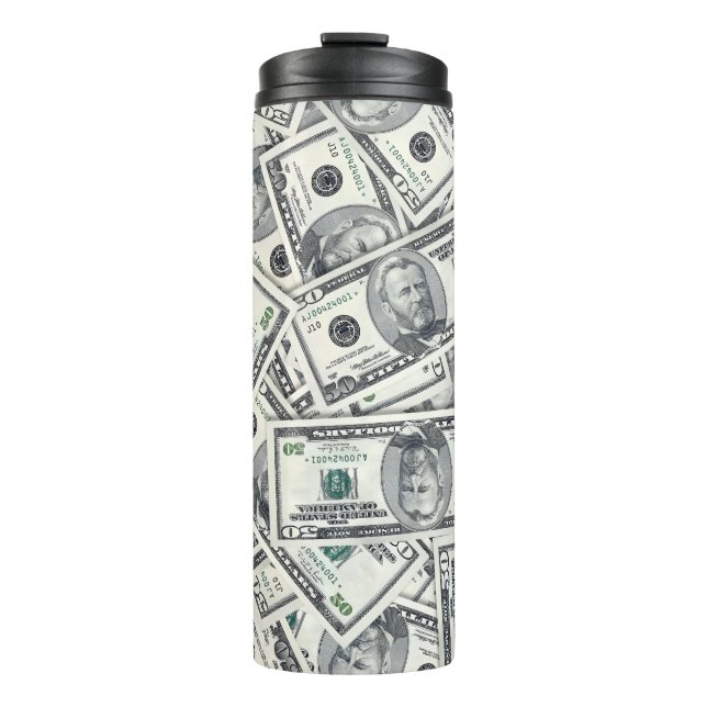Fifty Dollar Bill Money Pattern Thermal Tumbler (Front)