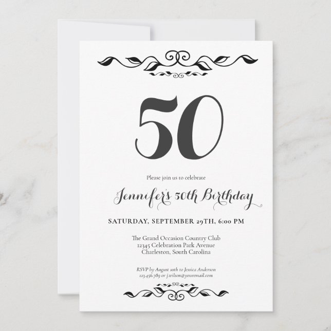 FIfty Elegant Black and White 50th Birthday Party Invitation (Front)