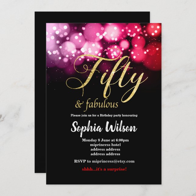 fifty elegant glitter pink red birthday invitation (Front/Back)