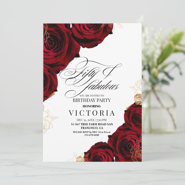 Fifty Elegant Script Red Roses 50th Birthday Invitation (Standing Front)