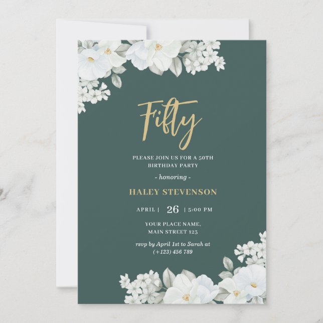 Fifty Emerald Green & Gold White Floral Birthday Invitation (Front)