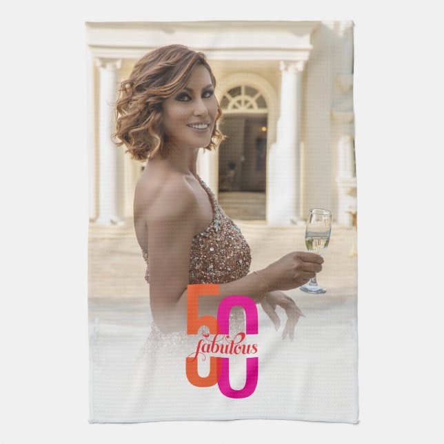 Fifty & Fabulous 50th Birthday Photo Tea Towel (Vertical)