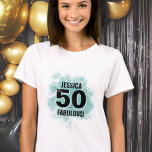Fifty Fabulous 50th Birthday T-Shirt<br><div class="desc">A blend of cute script and modern boldness with this simple "50 And Fabulous" shirt design! Featuring a classic black and white colouring with a splash of colour from the teal blue (or light turquoise) watercolor background. Customise to the name, and if you need to, you can also change the...</div>