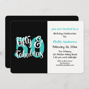 Fifty & Fabulous Aqua Typography Birthday Party Invitation