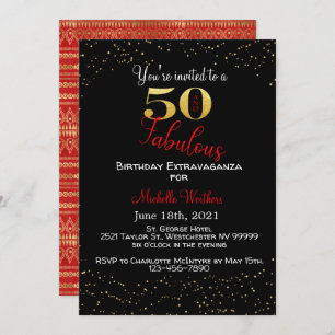 Fifty & Fabulous Birthday Black Red Gold Glitter Invitation