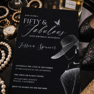 Fifty & Fabulous Black Glam 50th Birthday Invitation