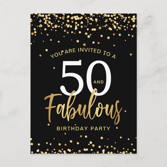 Fifty & Fabulous Black & Gold Birthday Invitation Postcard (Front)