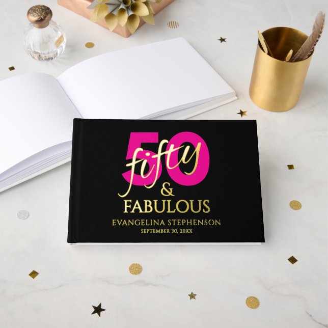 Fifty Fabulous Black Hot Pink Gold Birthday Photo Guest Book (Front Open)