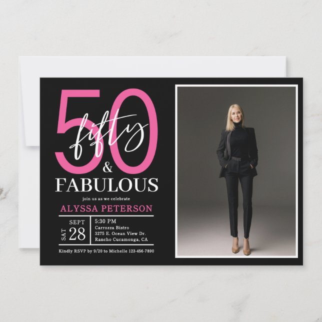 Fifty & Fabulous Black Script 50th Birthday Photo Invitation (Front)