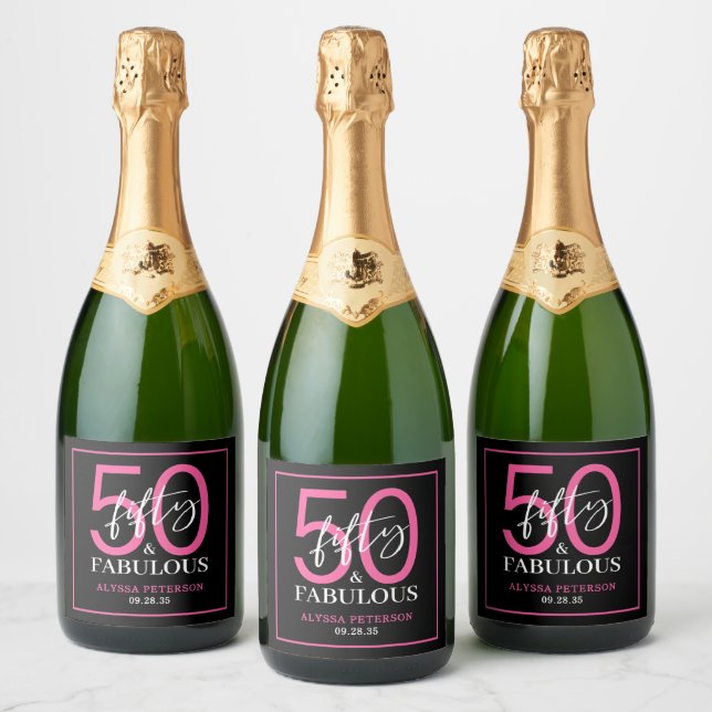 Fifty & Fabulous Black Script 50th Birthday Sparkling Wine Label (Bottles)