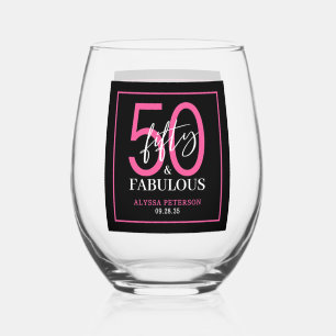 Fifty & Fabulous Black Script 50th Birthday Stemless Wine Glass