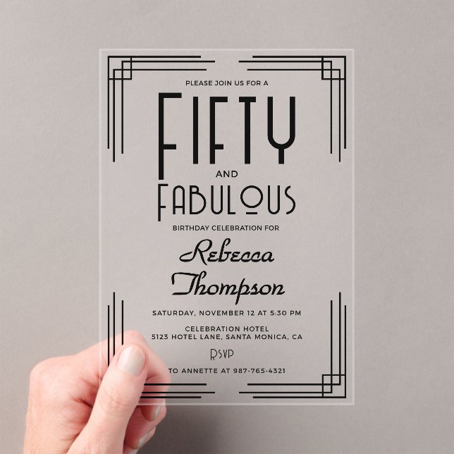 Fifty Fabulous Black White Art Deco 50th Birthday Acrylic Invitations (Insitu (Handheld))