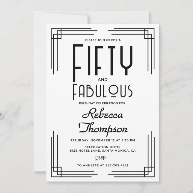Fifty Fabulous Black White Art Deco 50th Birthday Invitation (Front)