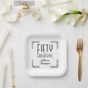 Fifty Fabulous Black White Art Deco 50th Birthday Paper Plate