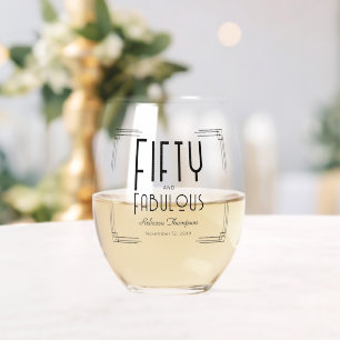Fifty Fabulous Black White Art Deco 50th Birthday Stemless Wine Glass