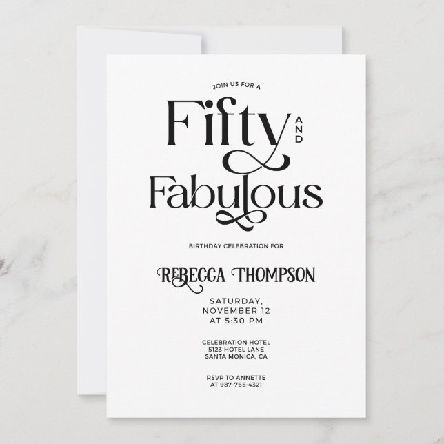 Fifty Fabulous Black White Script 50th Birthday Invitation (Front)