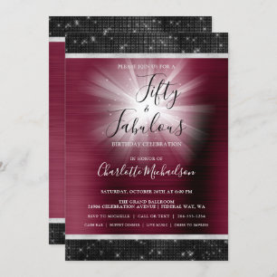 Fifty & Fabulous Burgundy Black Sparkle Glam Invitation