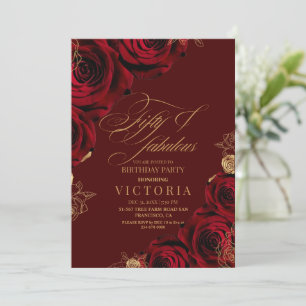 Fifty & Fabulous Burgundy Gold Rose 50th Birthday Invitation