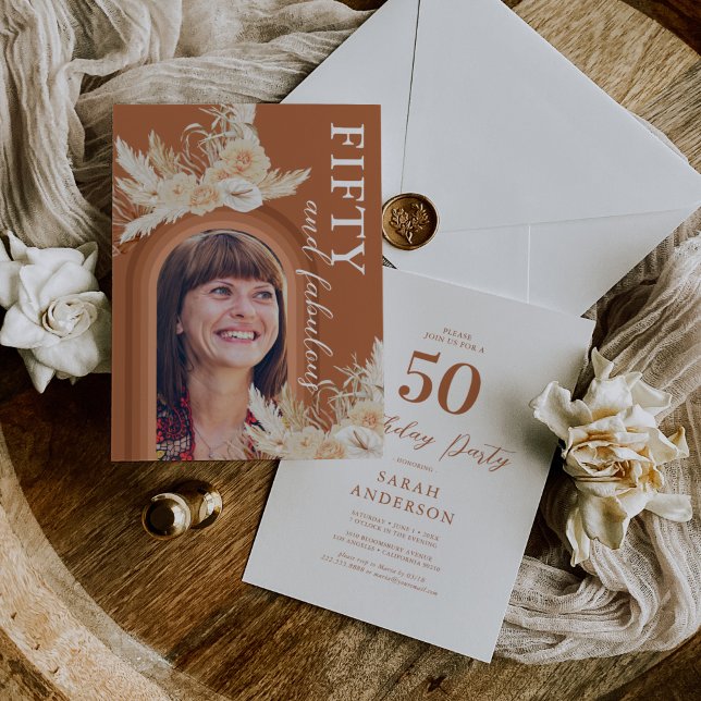 Fifty & Fabulous Burnt Orange Boho Birthday Invitation (Creator Uploaded)