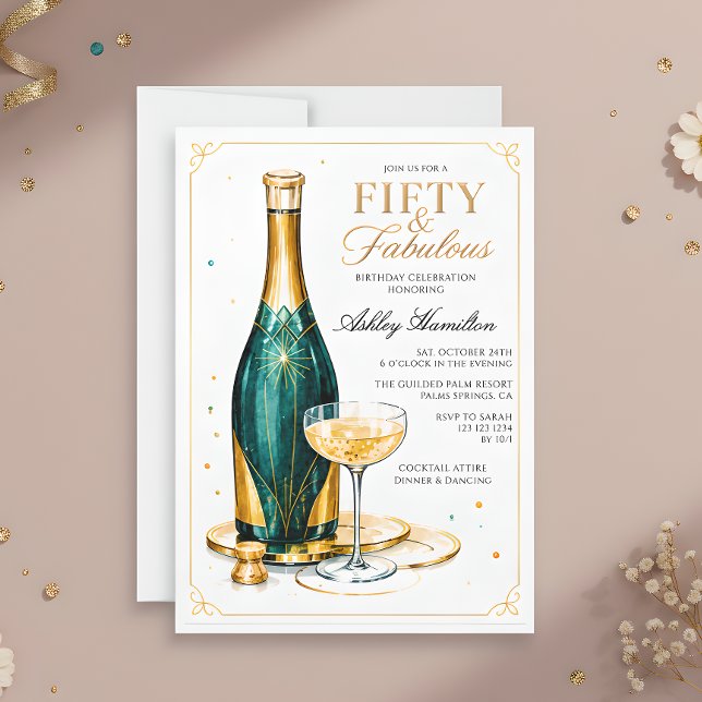 Fifty & Fabulous Champagne 50th Birthday Invitation (Creator Uploaded)