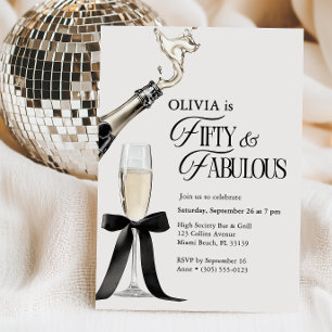 Fifty & Fabulous Chic Champagne Bow 50th Birthday Invitation