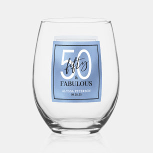 Fifty & Fabulous Dusty Blue Script 50th Birthday Stemless Wine Glass