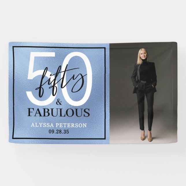 Fifty & Fabulous Dusty Blue Script Photo Birthday Banner (Horizontal)