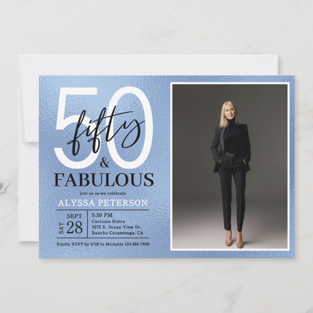 Fifty & Fabulous Dusty Blue Script Photo Birthday Invitation (Front)