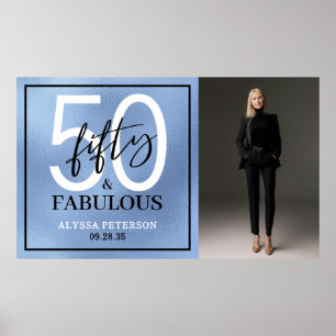 Fifty & Fabulous Dusty Blue Script Photo Birthday Poster