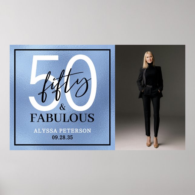 Fifty & Fabulous Dusty Blue Script Photo Birthday Poster (Front)