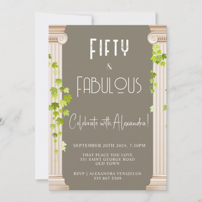 Fifty Fabulous Elegant Brown Greek Theme Birthday Invitation (Front)