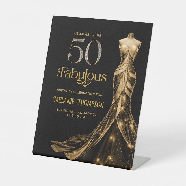 Fifty Fabulous Gold Dress 50th Birthday Welcome Pedestal Sign (Front)