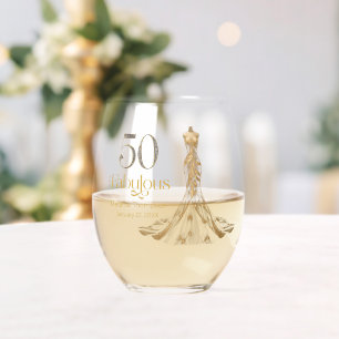Fifty Fabulous Gold Dress Diamonds 50th Birthday Stemless Wine Glass