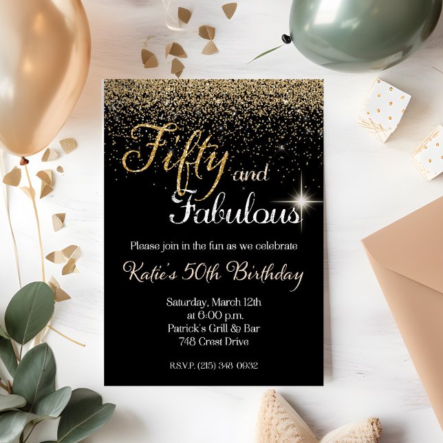 Fifty & Fabulous Gold Glitter Birthday Invitation (Creator Uploaded)