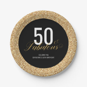 Fifty & Fabulous Gold Glitter Birthday Party Paper Plate