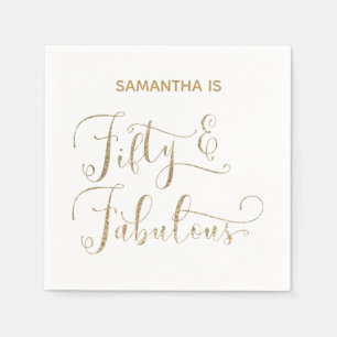 Fifty & Fabulous Gold Glitter Calligraphy White Napkin
