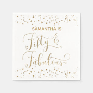 Fifty & Fabulous Gold Glitter & Confetti White Napkin