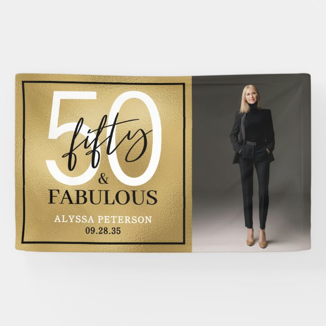 Fifty & Fabulous Gold Script 50th Birthday Photo Banner (Horizontal)