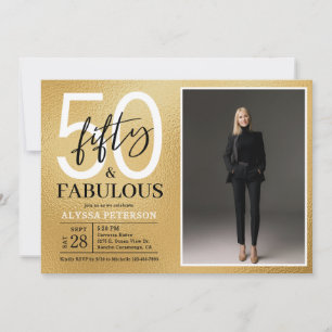 Fifty & Fabulous Gold Script 50th Birthday Photo Invitation