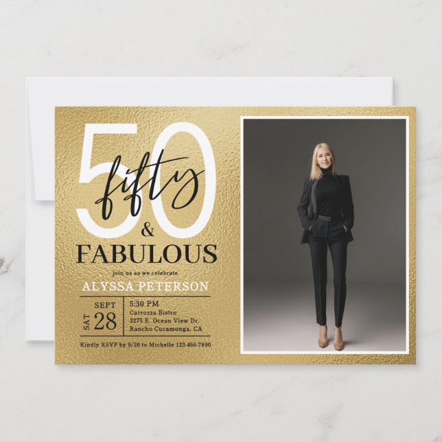 Fifty & Fabulous Gold Script 50th Birthday Photo Invitation (Front)