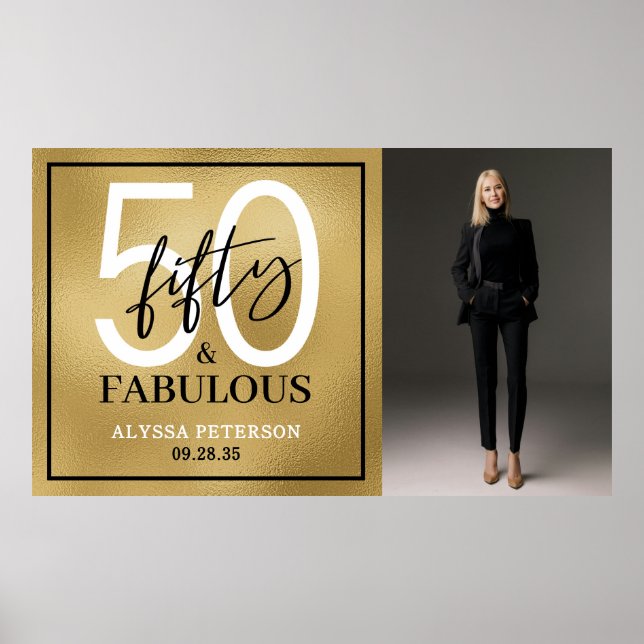 Fifty & Fabulous Gold Script 50th Birthday Photo Poster (Front)