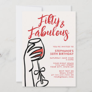 Fifty & Fabulous Hand Drawn Red Wine 50th Birthday Invitation