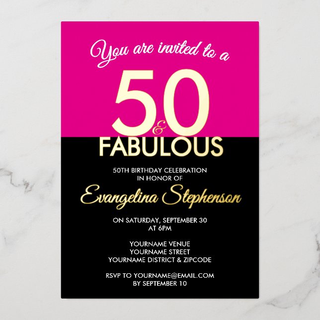 Fifty Fabulous Modern Black Pink 50th Birthday  (Front)