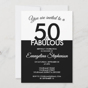 Fifty Fabulous Modern Black White 50th Birthday  Invitation